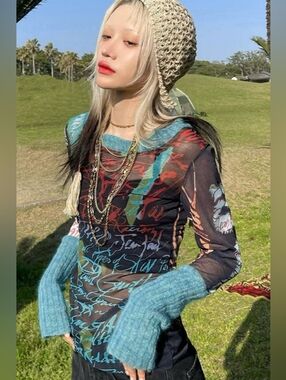 Y2K Vintage Sheer Slim Top Long Sleeve Round Neck Pattern Print Mesh Patchwork S